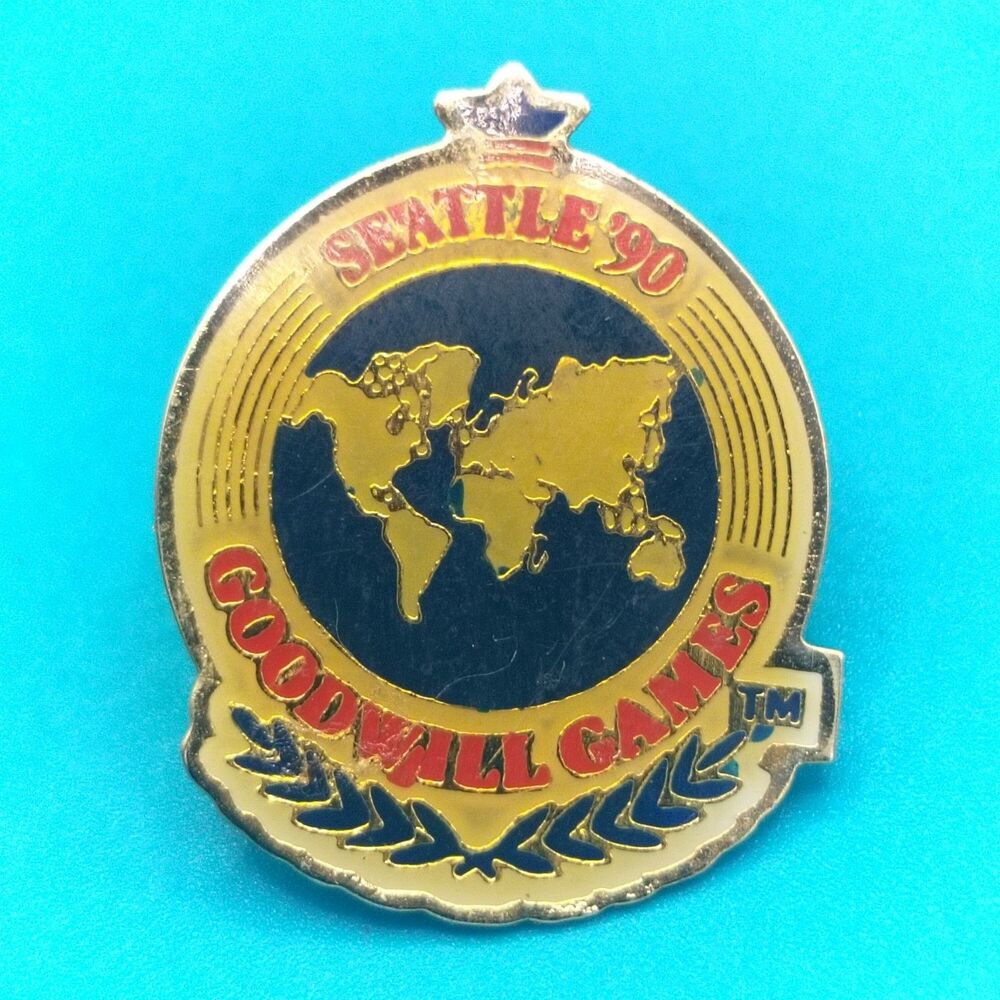 Seattle 1990 Goodwill Games Vintage Lapel Pin Brooch World Map Gold Tone Enamel